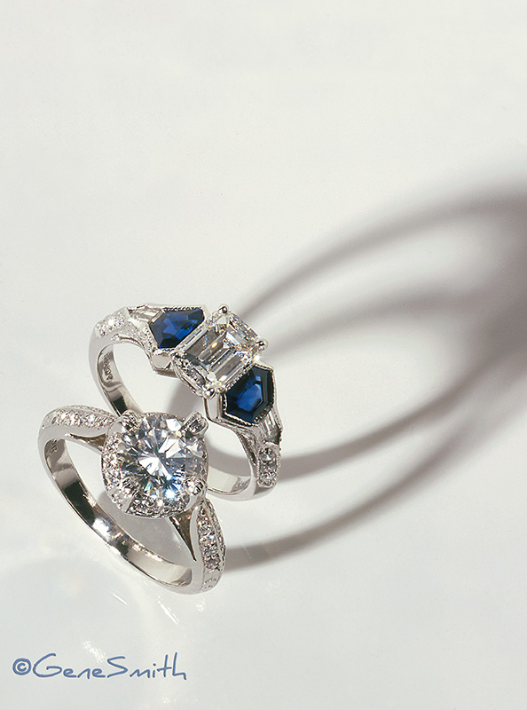 Precious platinum and diamond rings photographed by Gene Smith Studio for magazine spread and display advertising