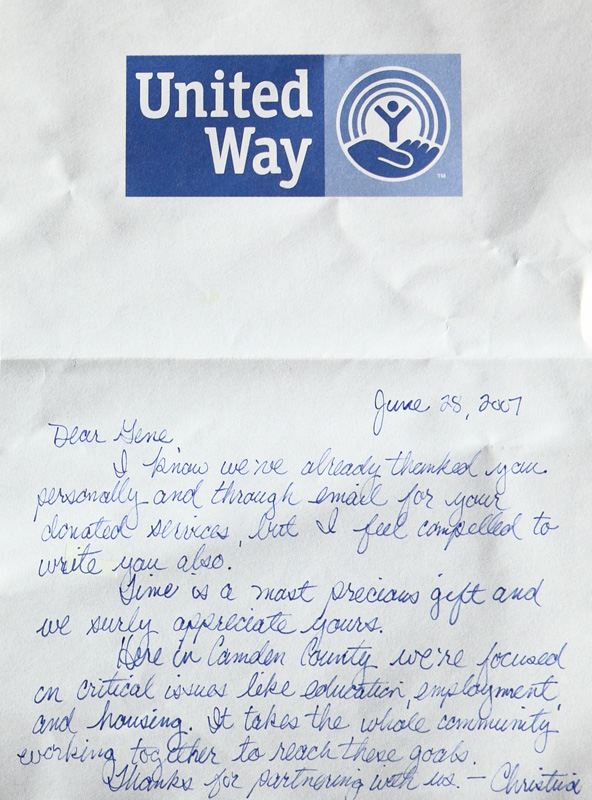 Thank you note to Gene Smith crom Camden County United Way