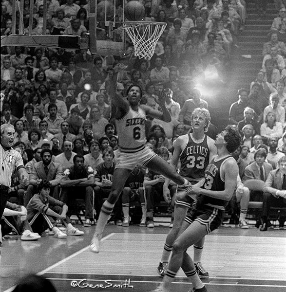 Classic matchup of Dr J and Larry Bird in Philadelphia in early Eighties.