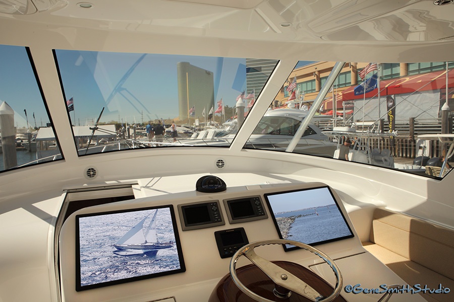 Helm of multimillion dollar Viking Yacht at Atlantic City in-water boat show.