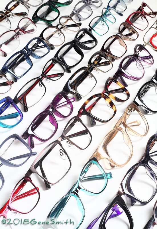 Multicolored fashion eyeglass frames photographed with a forced perspective make a striking image.